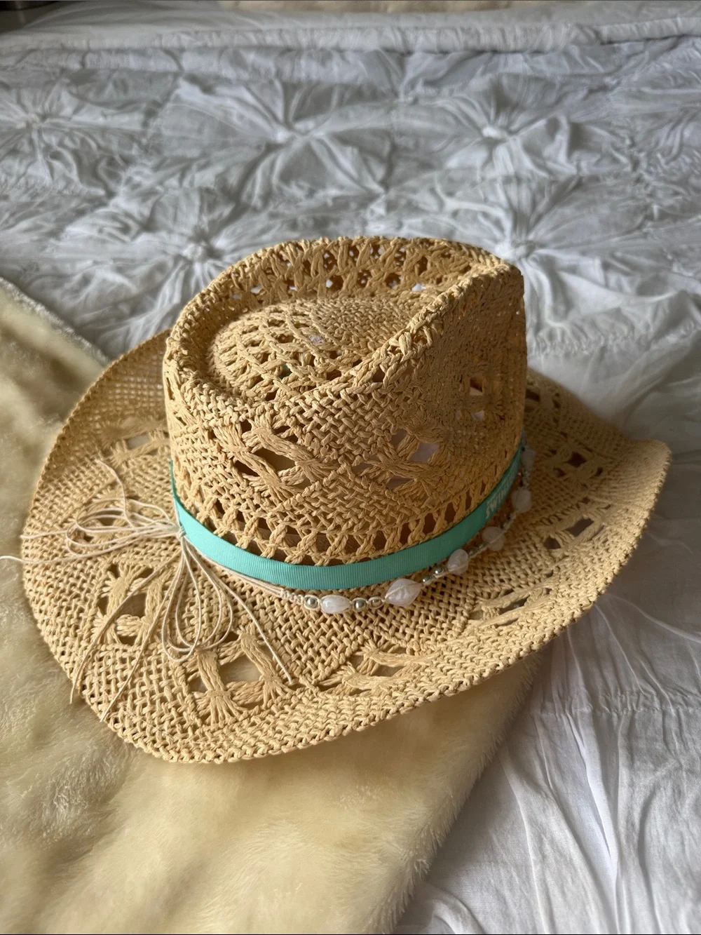 Straw Crochet Cowgirl Hat with Turquoise Band and Bead Trim - Picture 3 of 3